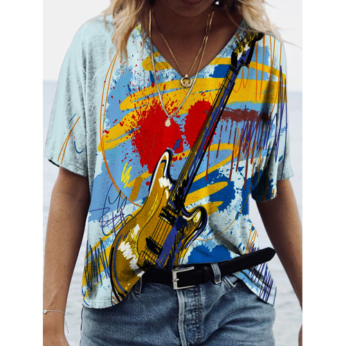 Colorful Guitar Art V Neck Short Sleeve T Shirt