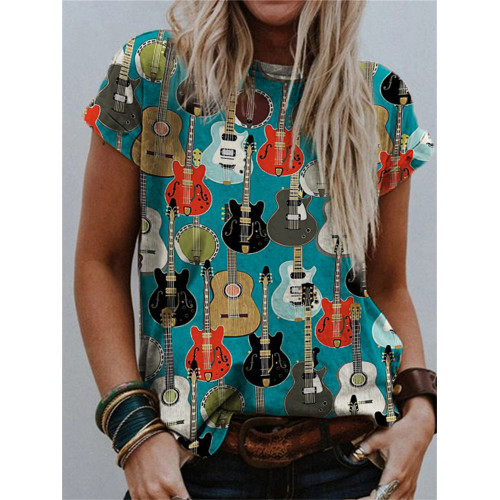 Colorful Guitars Art Crew Neck T Shirt