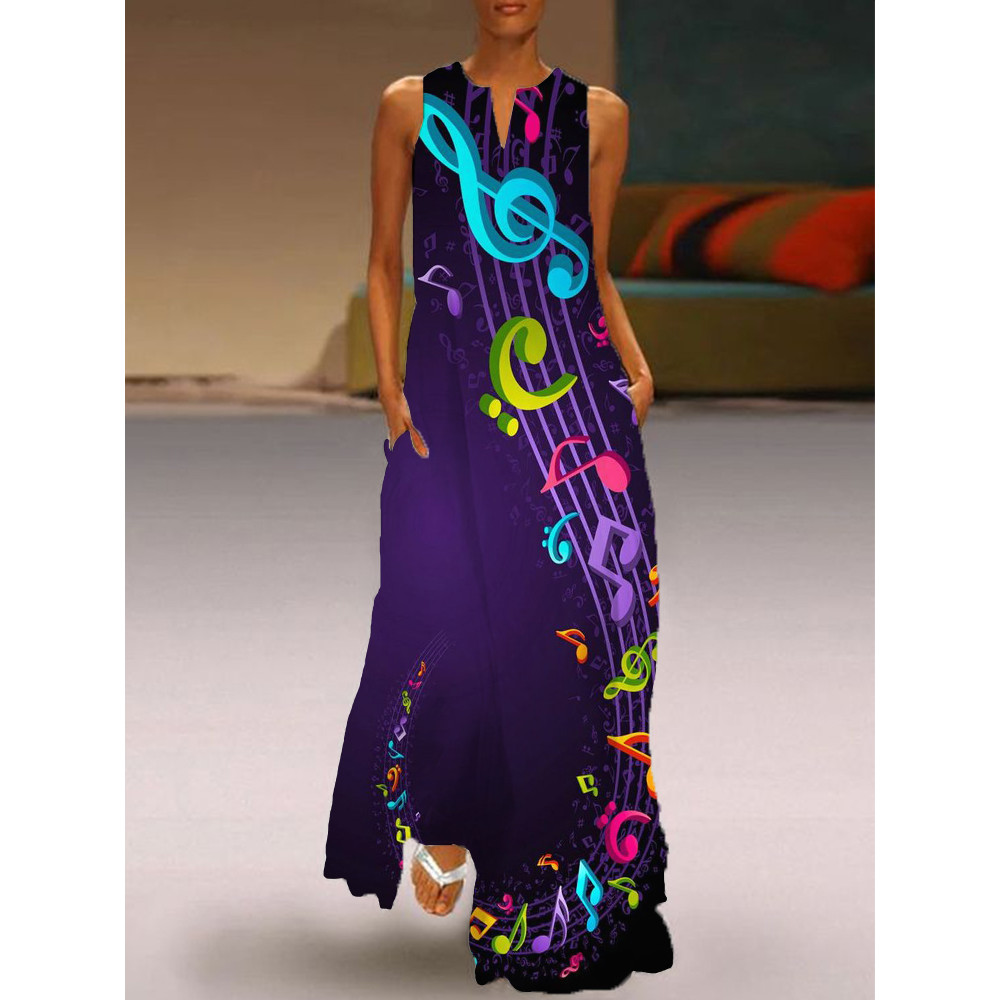 Colorful Music Notes Art Notch Neck Flowy Maxi Dress