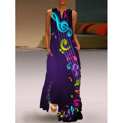 Colorful Music Notes Art Notch Neck Flowy Maxi Dress