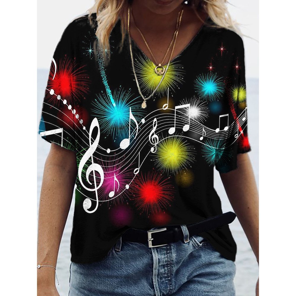 Colorful Music Notes Inspired V Neck T Shirt