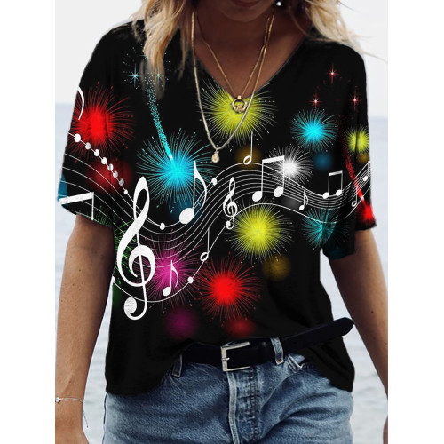 Colorful Music Notes Inspired V Neck T Shirt
