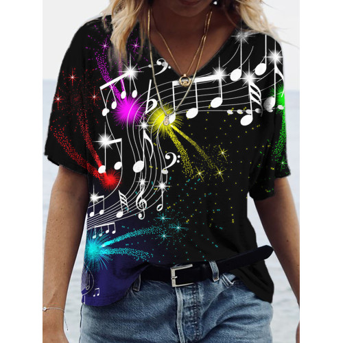 Colorful Music Notes V Neck Short Sleeve T Shirt