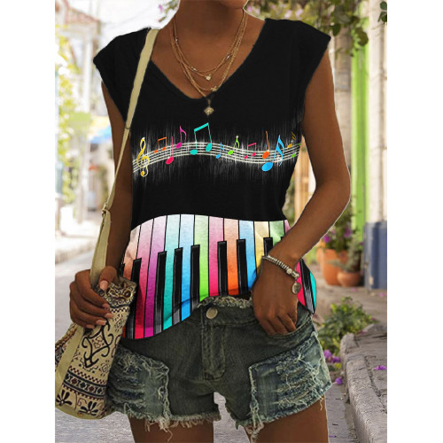 Colorful Music Notes & Piano Keys V Neck Tank Top