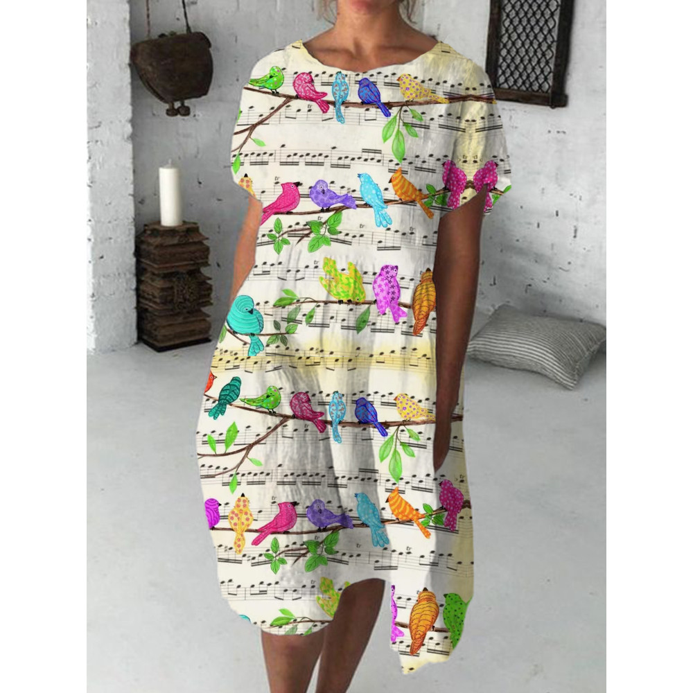 Colorful Musical Birds Art Round Neck Midi Dress