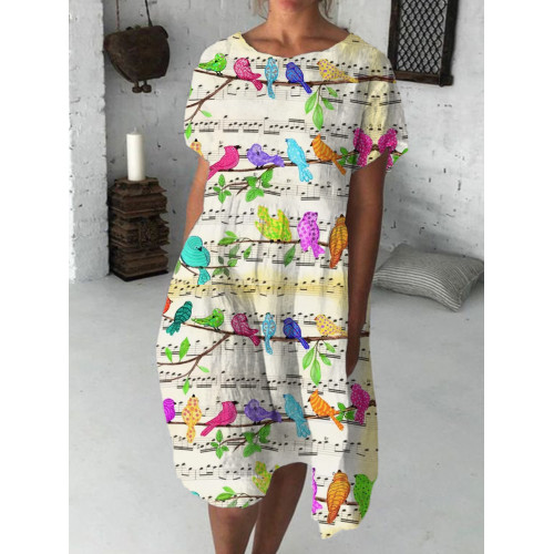 Colorful Musical Birds Art Round Neck Midi Dress