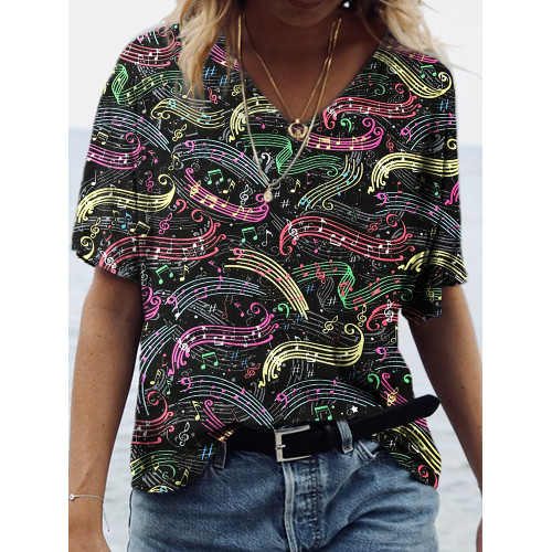 Colorful Musical Notes Graphic V Neck Comfy T Shirt