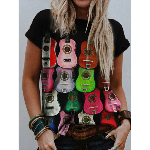 Colorful Ukuleles Graphic Crew Neck T Shirt