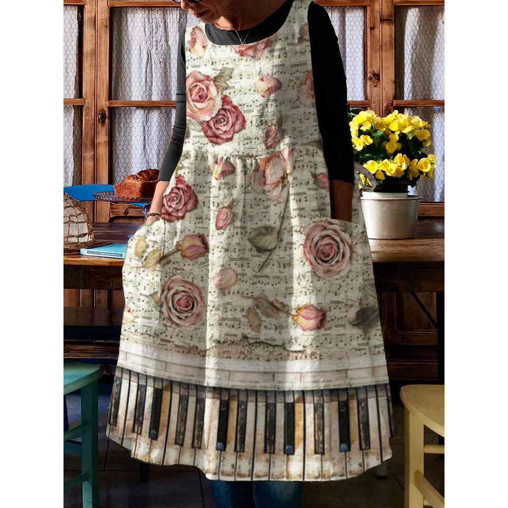 Cottage Roses Sheet Music & Piano Keys Pinafore Midi Dress