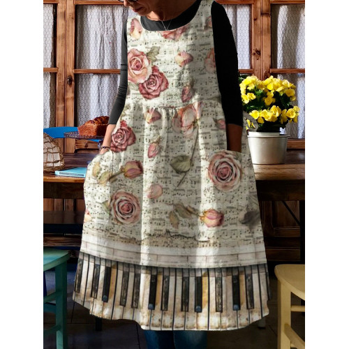 Cottage Roses Sheet Music & Piano Keys Pinafore Midi Dress