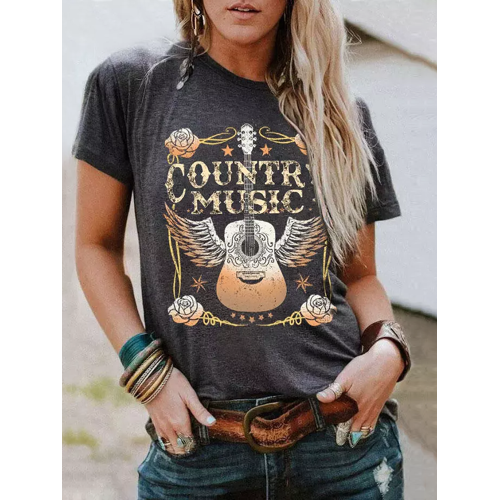 Country Music Floral Guitar Printed Short Sleeve T-Shirt