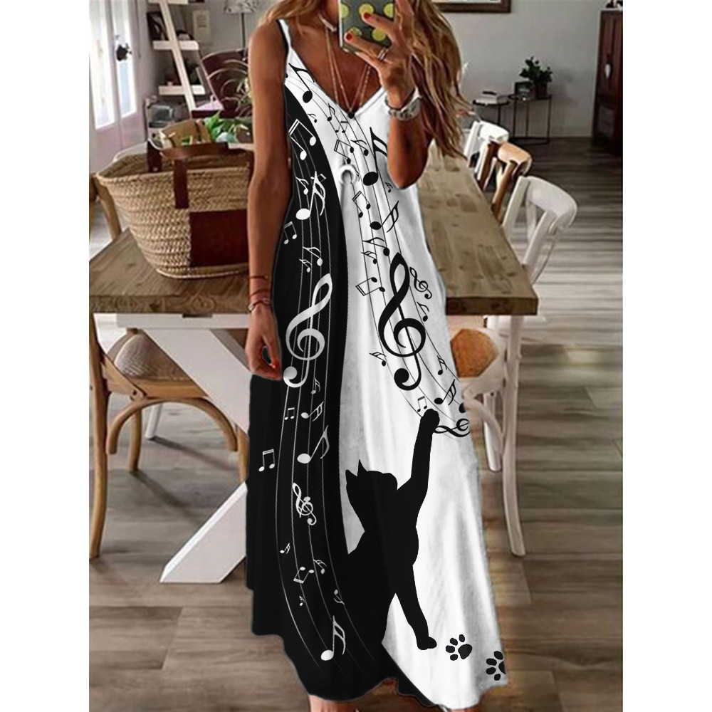Curious Cat Music Notes Contrast Color Cami Maxi Dress