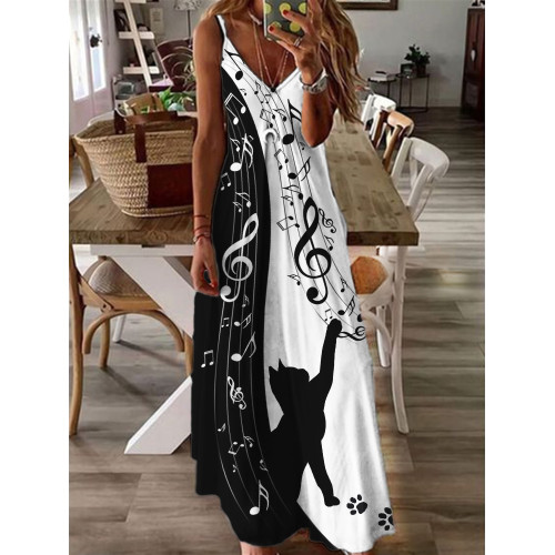 Curious Cat Music Notes Contrast Color Cami Maxi Dress