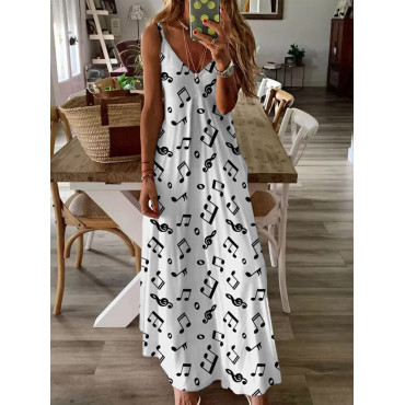 Cute Music Notes Inspired V Neck Cami Maxi Dress