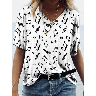 Cute Music Notes Inspired V Neck Short Sleeve T Shirt