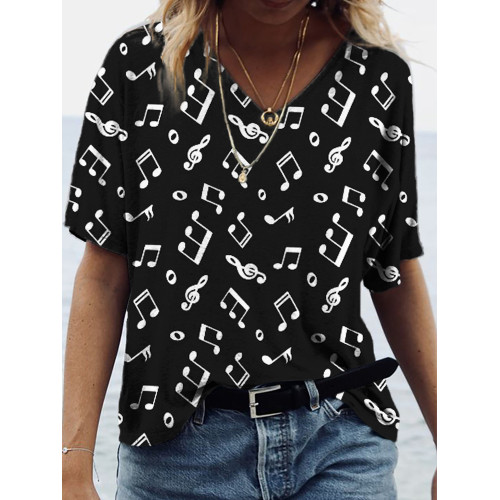 Cute Music Notes Inspired V Neck Short Sleeve T Shirt