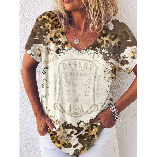 Desert Bloom Leopard Graphic V Neck Comfy T Shirt