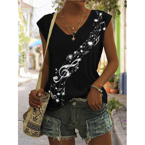 Elegant Glitter Music Notes V Neck Tank Top