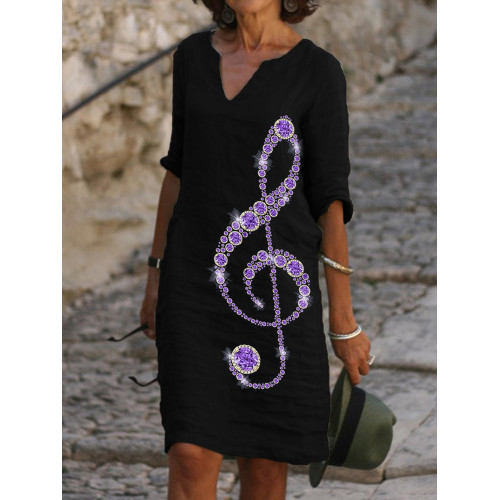 Elegant Glitter Treble Clef Notch Neck Midi Dress