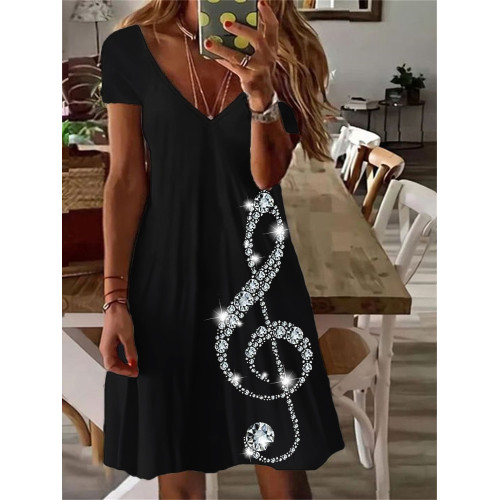 Elegant Glitter Treble Clef V Neck Midi Dress