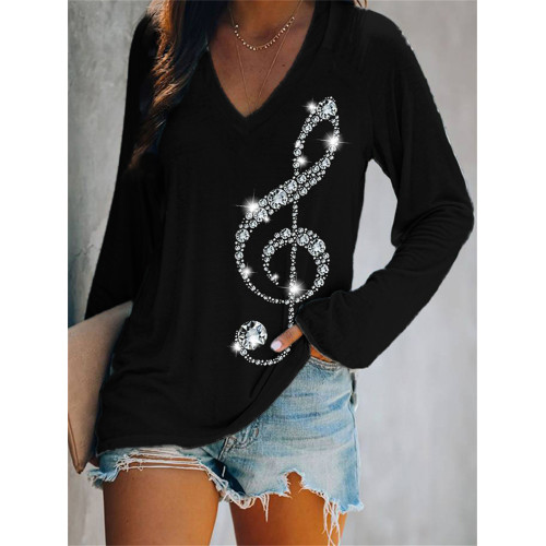 Elegant Glitter Treble Clef V Neck T Shirt
