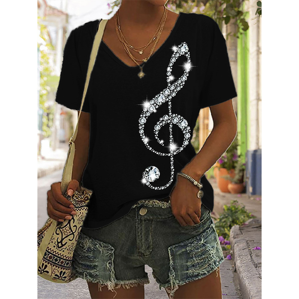 Elegant Glitter Treble Clef V Neck T Shirt