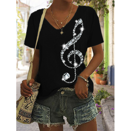 Elegant Glitter Treble Clef V Neck T Shirt