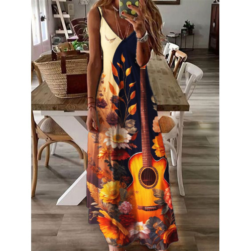 Elegant Guitar & Flowers Contrast Cami Maxi Dress