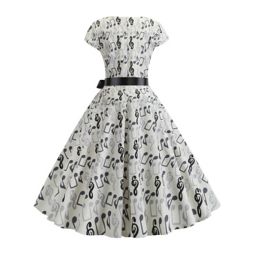 Elegant Music Notes Pleateed Wide Skirt Midi Dress