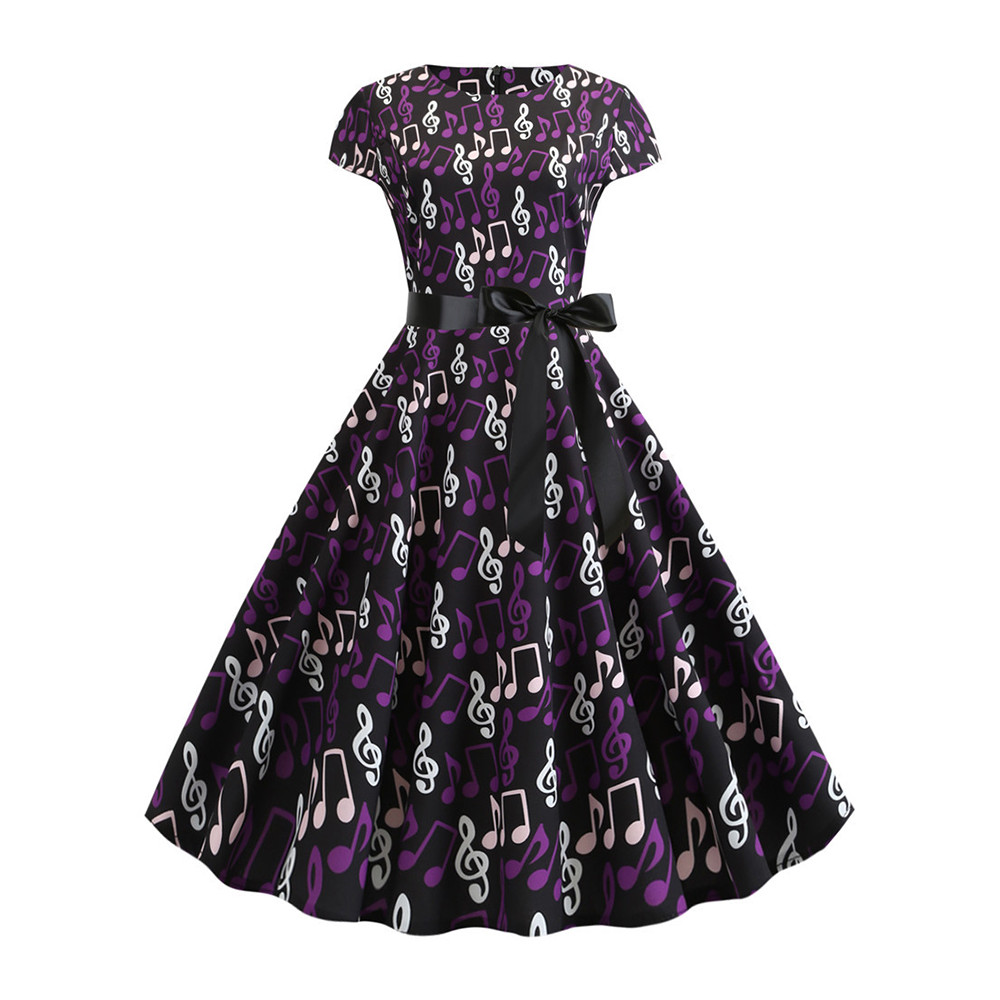 Elegant Music Notes Pleateed Wide Skirt Midi Dress