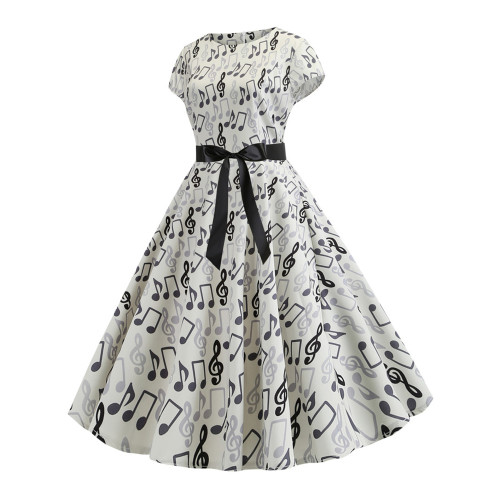 Elegant Music Notes Pleateed Wide Skirt Midi Dress