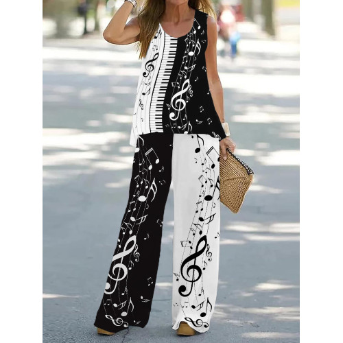 Elegant Music Notes & Piano Keys Art Contrast Tank Top Two Piece Set