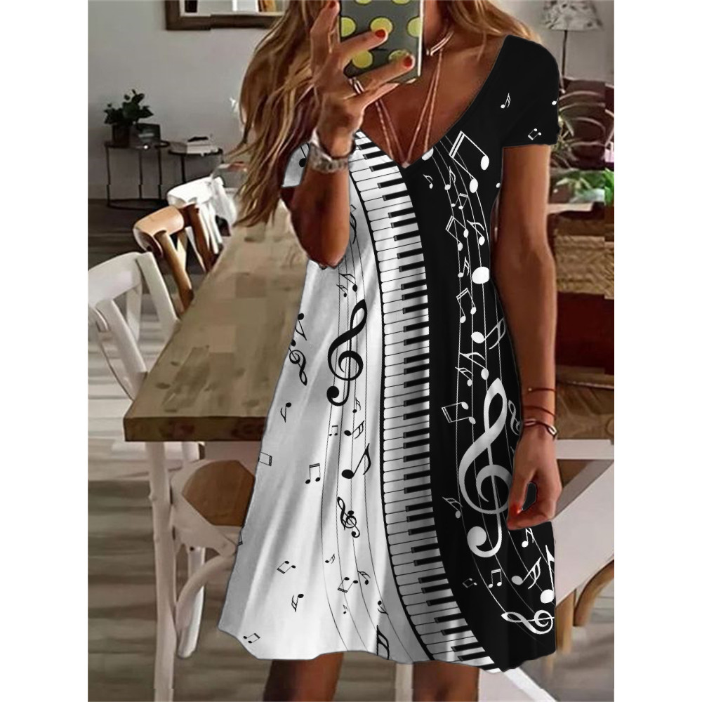 Elegant Music Notes & Piano Keys Contrast Art Midi Dress