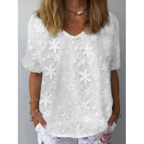 Floral Lace Short Sleeve V Neck T Shirt