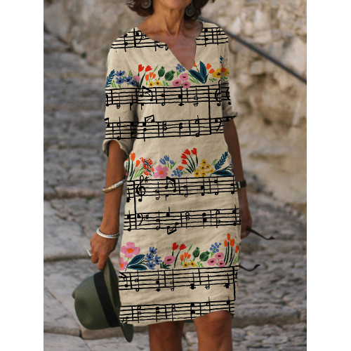 Floral Music Notes Graphic Notch Neck Midi Dress
