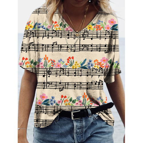 Floral Music Notes Graphic V Neck Comfy T Shirt