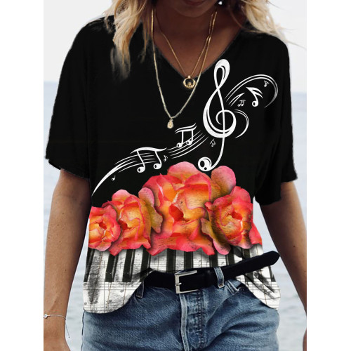 Flower Piano Keys & Music Notes V Neck T Shirt