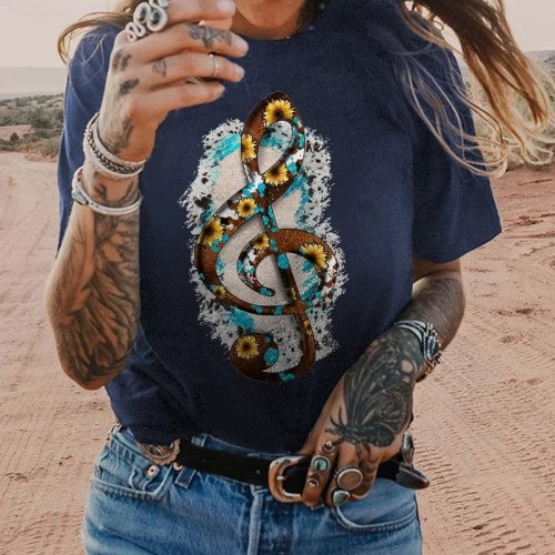 Flower Print Musical Note Fashion Women’s T-shirt