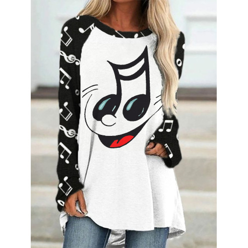 Funny Music Note Cartoon Face Print A Line T Shirt