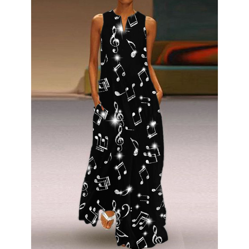Glitter Music Notes Notch Neck Flowy Maxi Dress