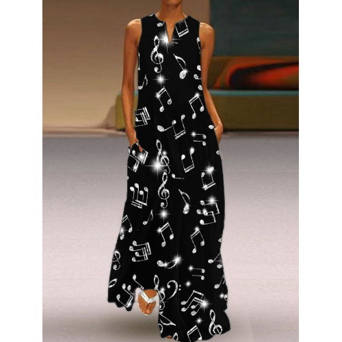 Glitter Music Notes Notch Neck Flowy Maxi Dress