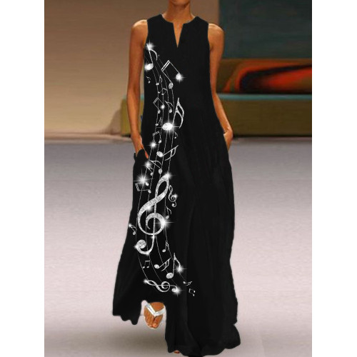 Glitter Music Notes Notch Neck Flowy Maxi Dress