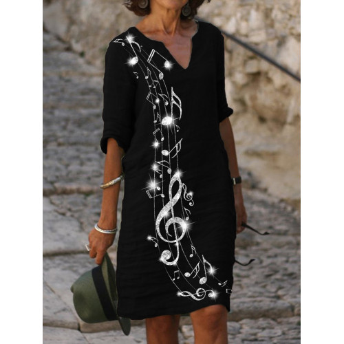 Glitter Music Notes Notch Neck Midi Dress