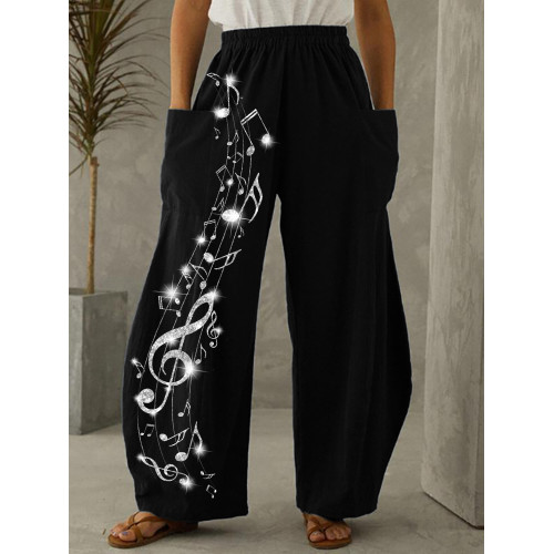 Glitter Music Notes Patch Pocket Casual Pants