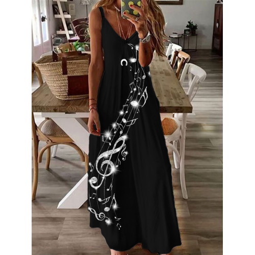 Glitter Music Notes V Neck Cami Maxi Dress