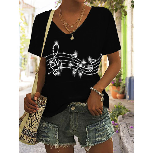 Glitter Music Notes V Neck Short Sleeve T Shirt
