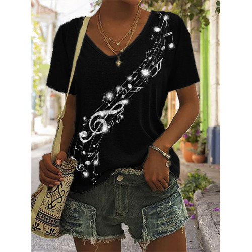 Glitter Music Notes V Neck T Shirt