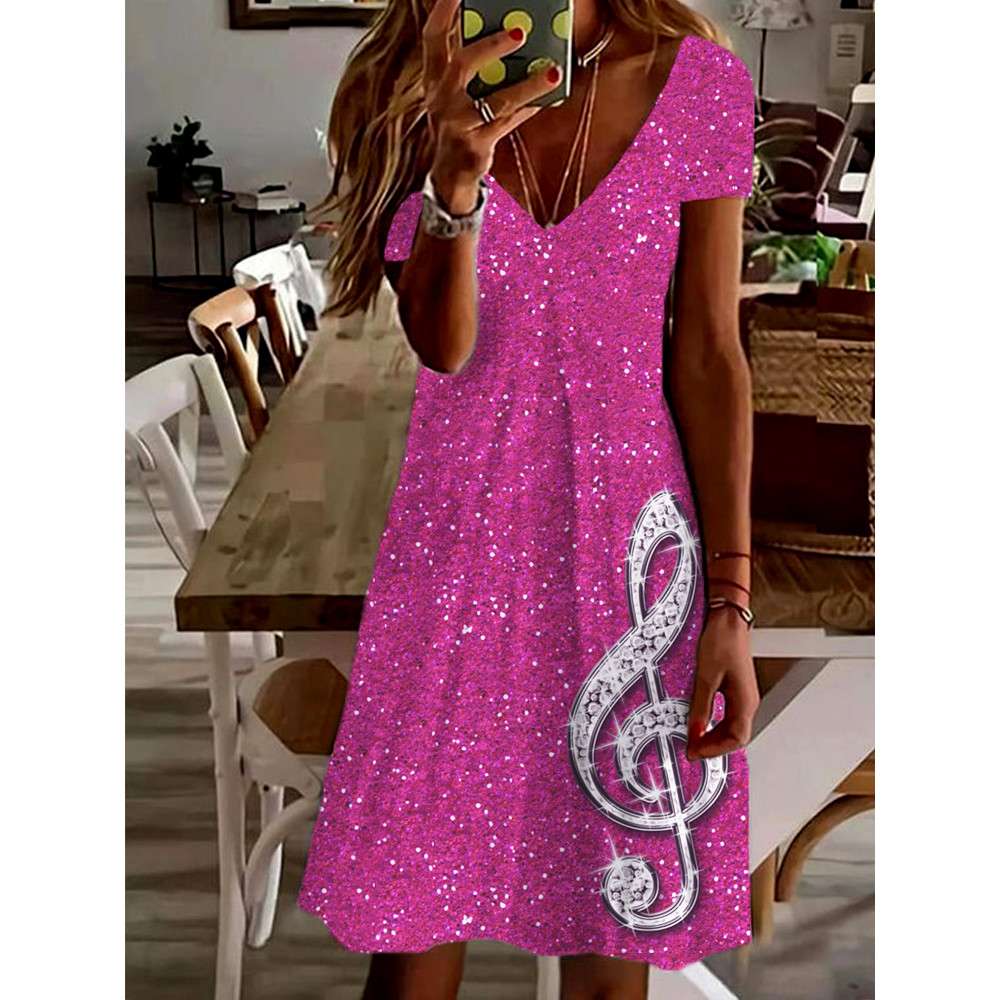 Glitter Treble Clef Art Music Lover V Neck Midi Dress