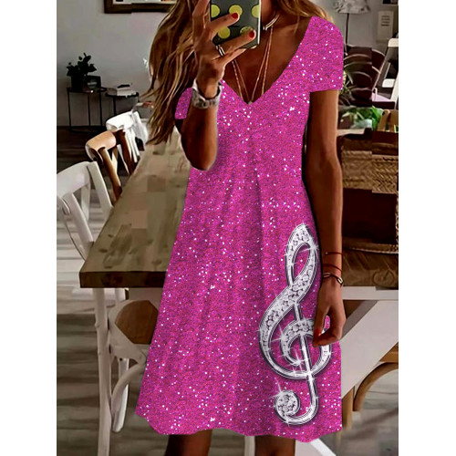 Glitter Treble Clef Art Music Lover V Neck Midi Dress
