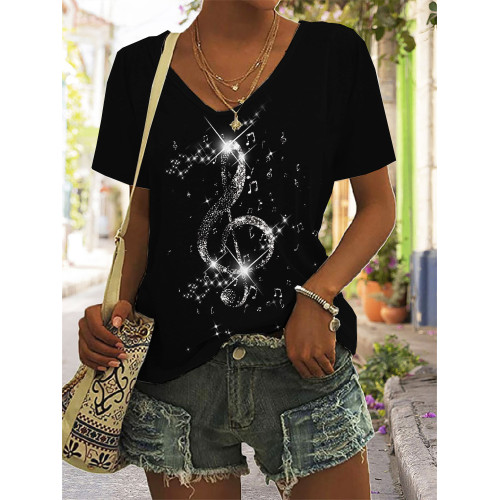 Glitter Treble Clef Art V Neck T Shirt